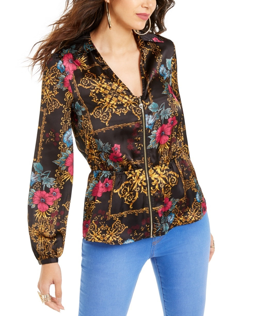 Blusa peplum feminina estampada com zíper Thalia Sodi, preta, tamanho médio