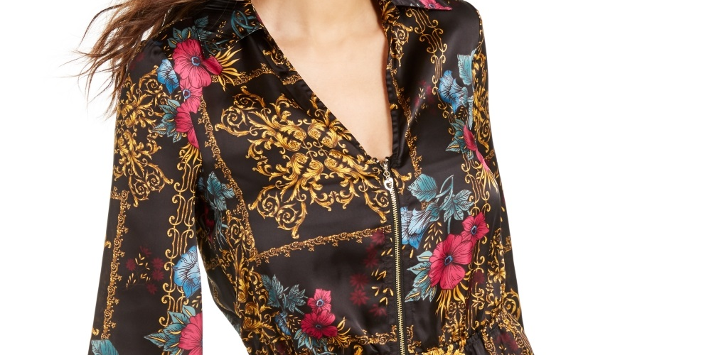 Blusa peplum feminina estampada com zíper Thalia Sodi, preta, tamanho médio