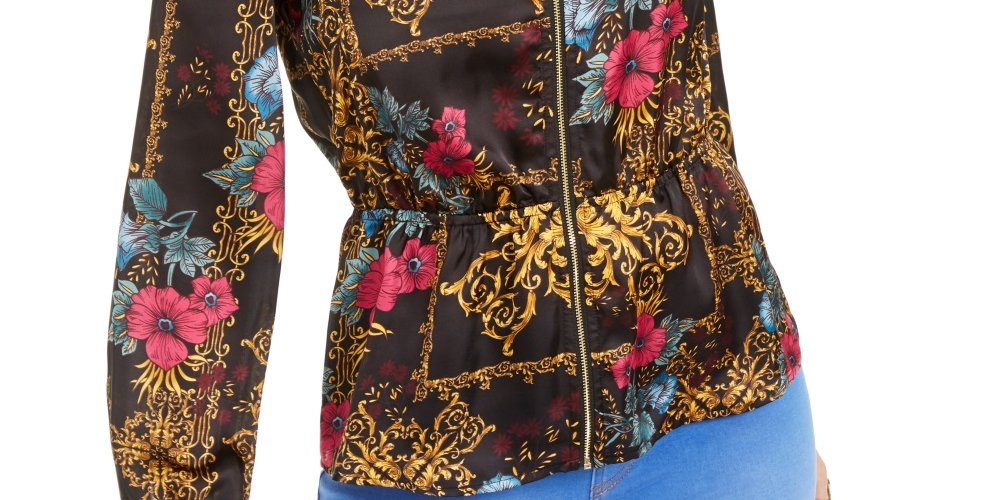 Blusa peplum feminina estampada com zíper Thalia Sodi, preta, tamanho médio