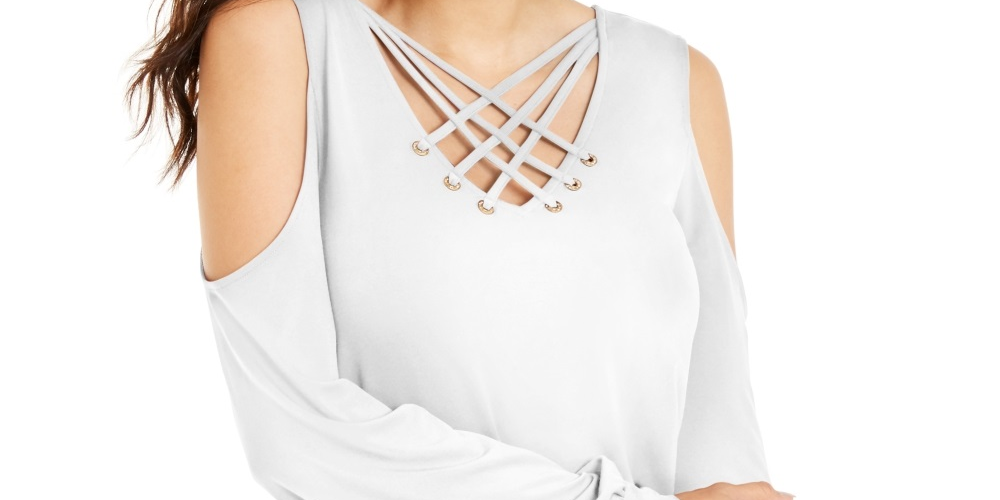Thalia Sodi Top Feminino com Estampa Animal e Alças e Ombros Vazados, Branco, Tamanho Grande