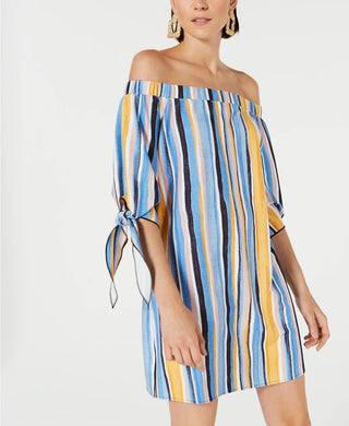 Vestido feminino Bar III com decote ombro a ombro e manga amarrada, azul, tamanho pequeno