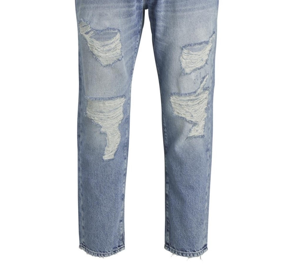 Calça jeans masculina Jack &amp; Jones Tapered Fit Destroyed Style Fred Azul Tamanho 34X32