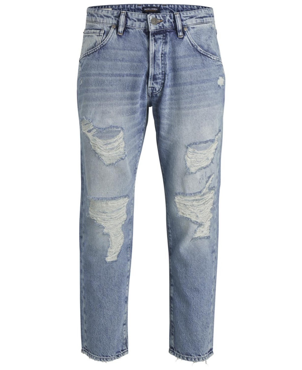 Calça jeans masculina Jack &amp; Jones Tapered Fit Destroyed Style Fred Azul Tamanho 36X32