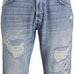 Calça jeans masculina Jack &amp; Jones Tapered Fit Destroyed Style Fred Azul Tamanho 36X32