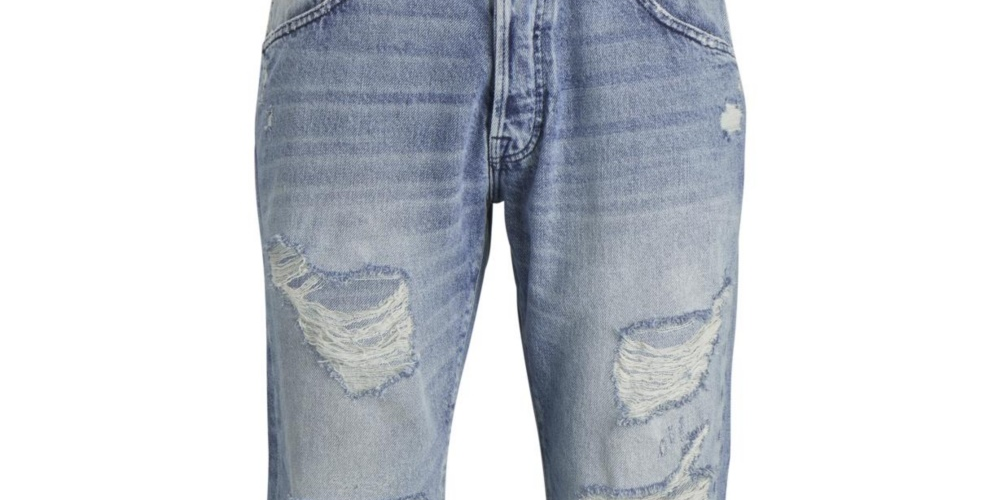 Calça jeans masculina Jack &amp; Jones Tapered Fit Destroyed Style Fred Azul Tamanho 36X32