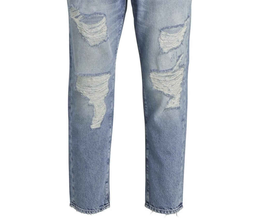 Calça jeans masculina Jack &amp; Jones Tapered Fit Destroyed Style Fred Azul Tamanho 36X32
