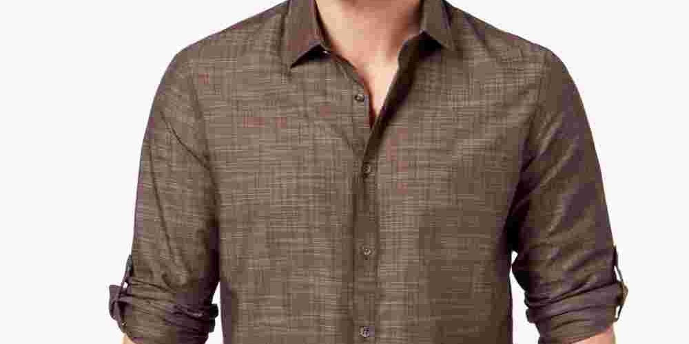 Camisa casual masculina Alfani, azul, manga curta, ajuste clássico, com botões, tamanho médio, marrom