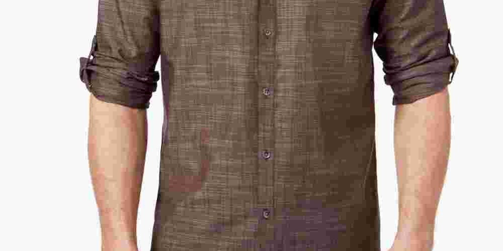 Camisa casual masculina Alfani, azul, manga curta, ajuste clássico, com botões, tamanho médio, marrom