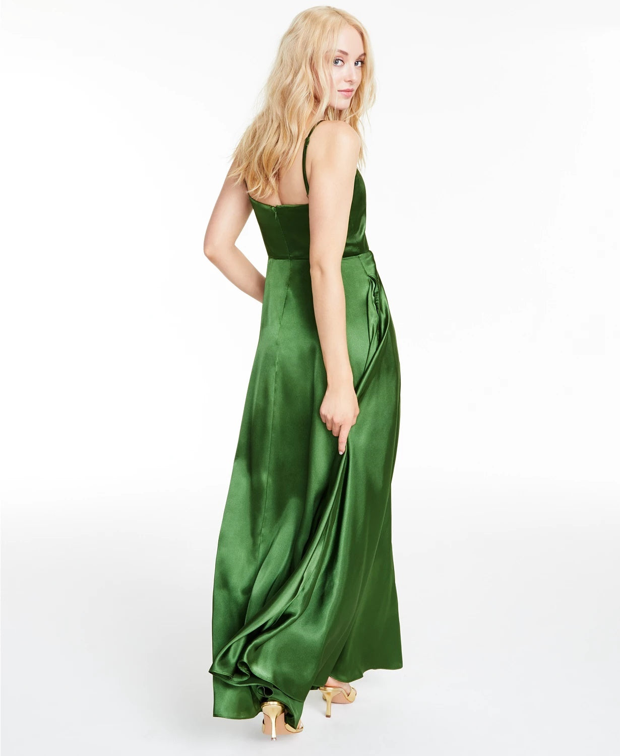 Vestido de cetim plissado feminino Morgan &amp; Co, verde, tamanho 11