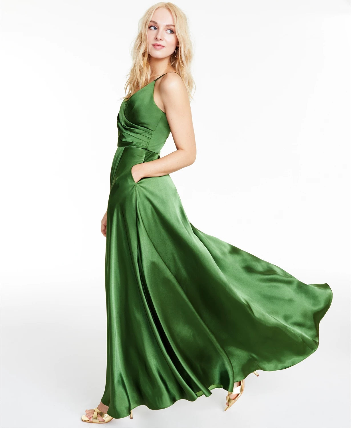 Vestido de cetim plissado feminino Morgan &amp; Co, verde, tamanho 11
