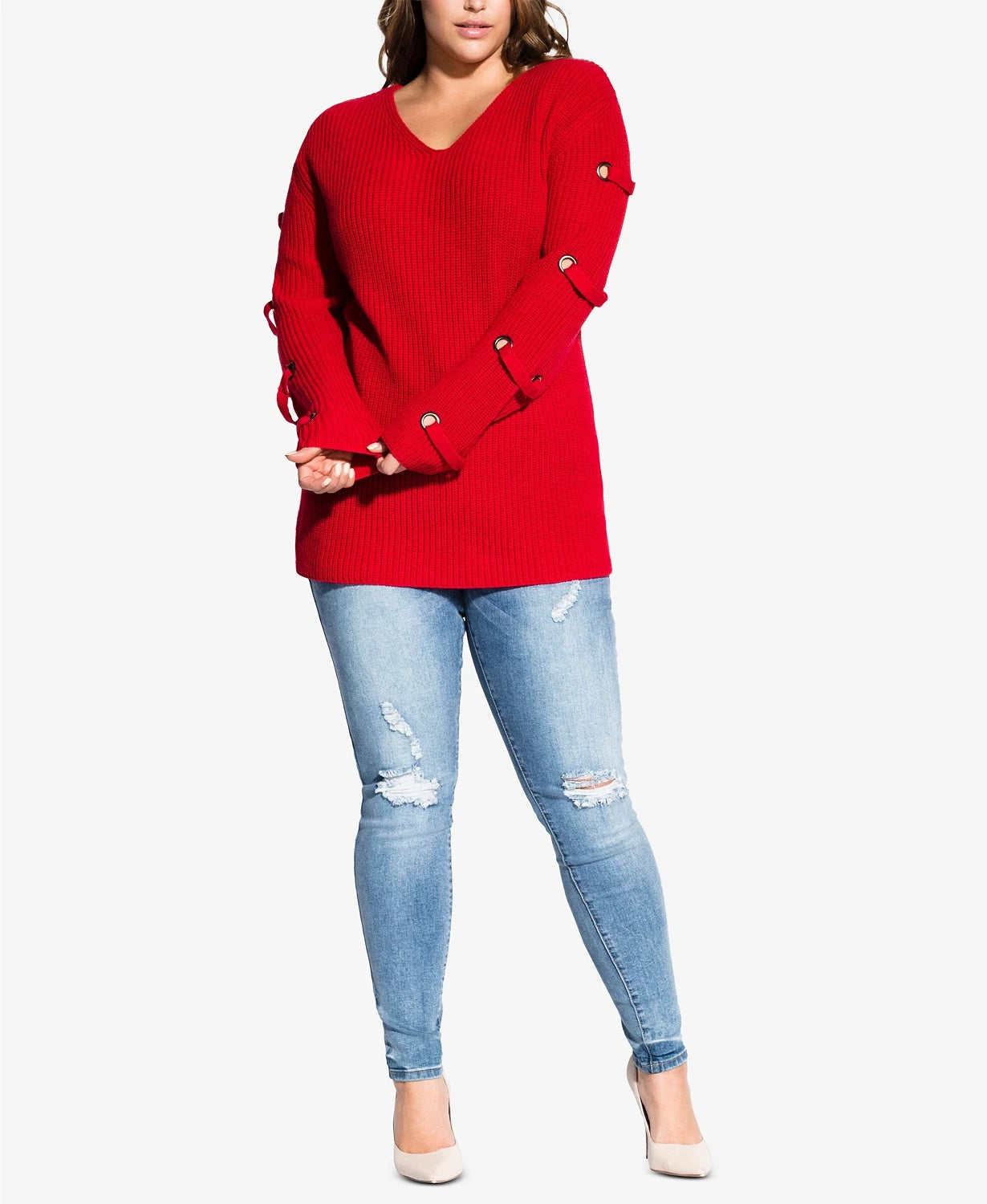 Suéter feminino City Chic Plus Size com mangas ilhós, tamanho pequeno, vermelho