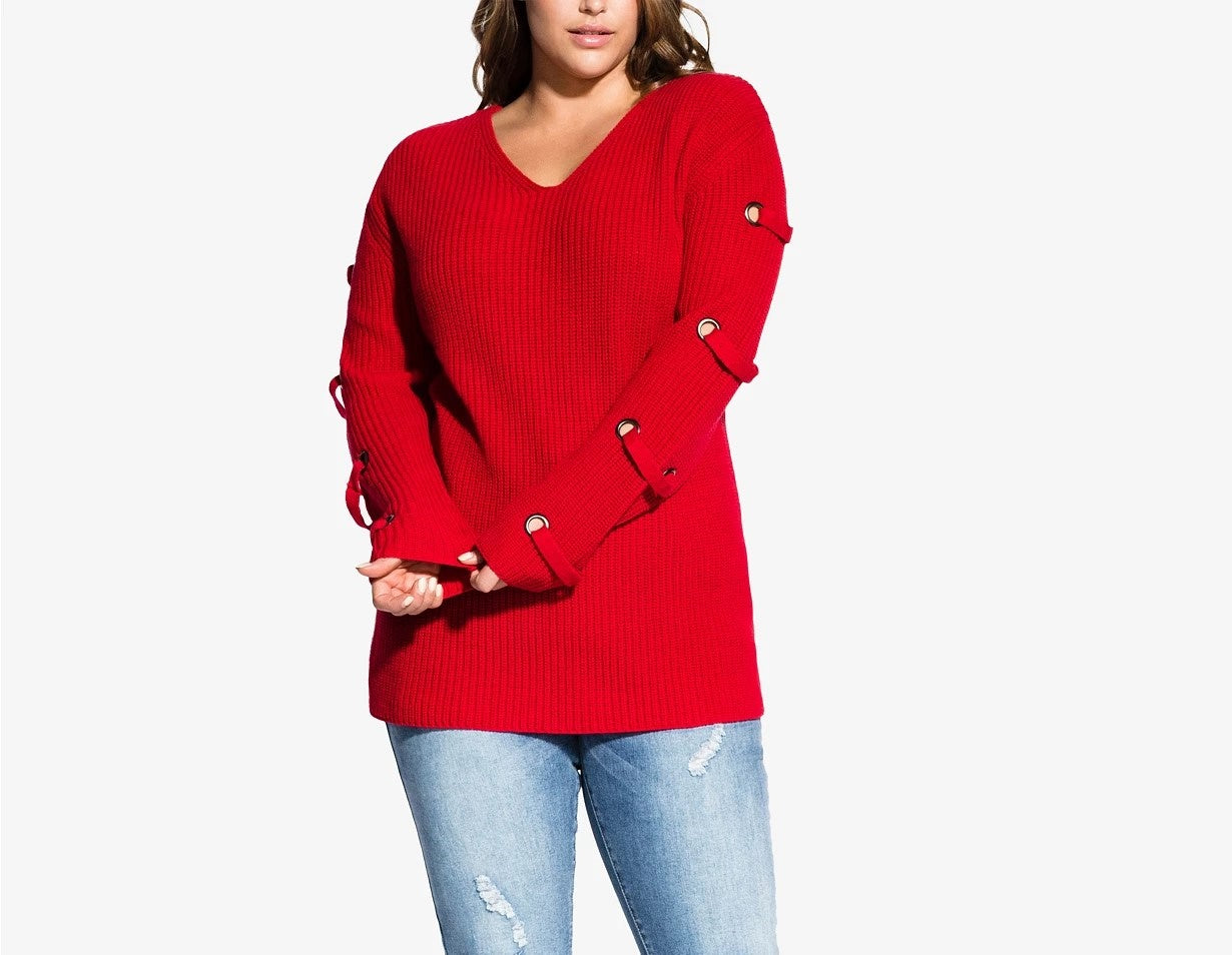 Suéter feminino City Chic Plus Size com mangas ilhós, tamanho pequeno, vermelho
