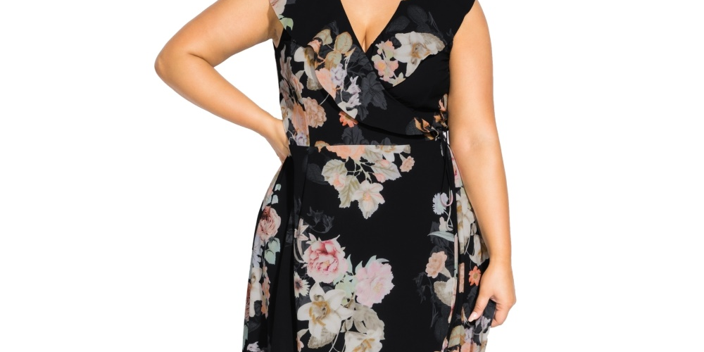 Vestido longo envelope City Chic feminino, moderno, plus size, preto, tamanho pequeno e baixo
