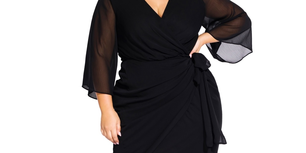Vestido envelope feminino City Chic em chiffon sintético, preto, tamanho extrapequeno