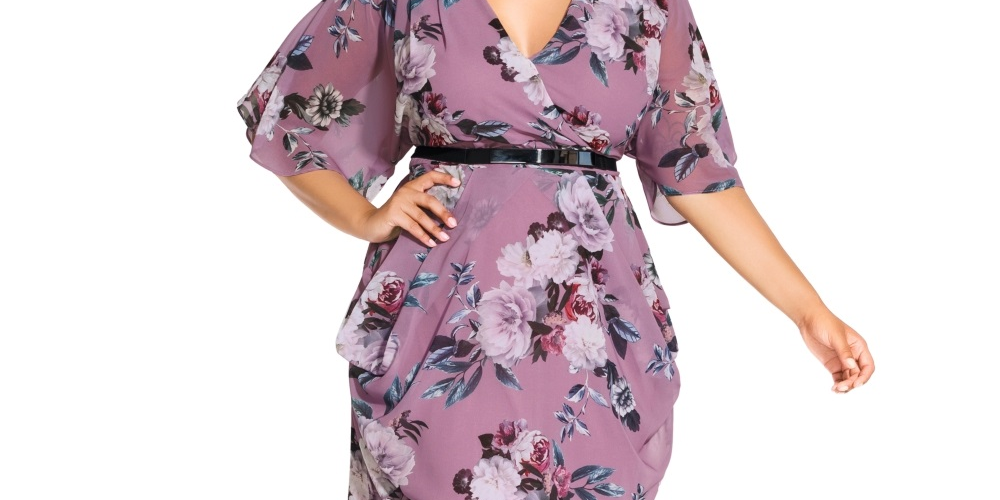 Vestido feminino City Chic com estampa floral em jacarandá, roxo, tamanho M/18