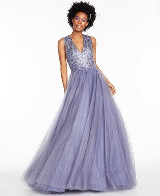 Glamour By Terani Juniors' Beaded Tulle Gown Purple Size 12