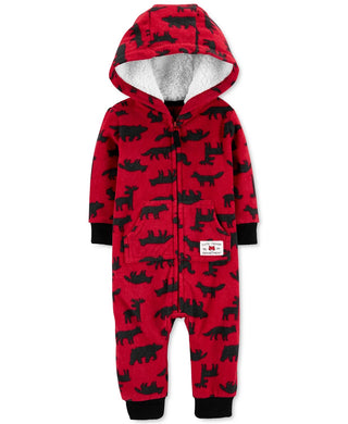 Carter's Baby Boys Hooded Woodland-Print Fleece Jumpsuit Red Size 3M