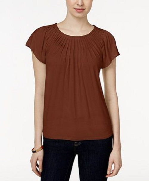 Blusa feminina estilo &amp; co, gola plissada, mangas bufantes, marrom, tamanho médio