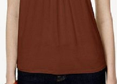 Blusa feminina estilo &amp; co, gola plissada, mangas bufantes, marrom, tamanho médio