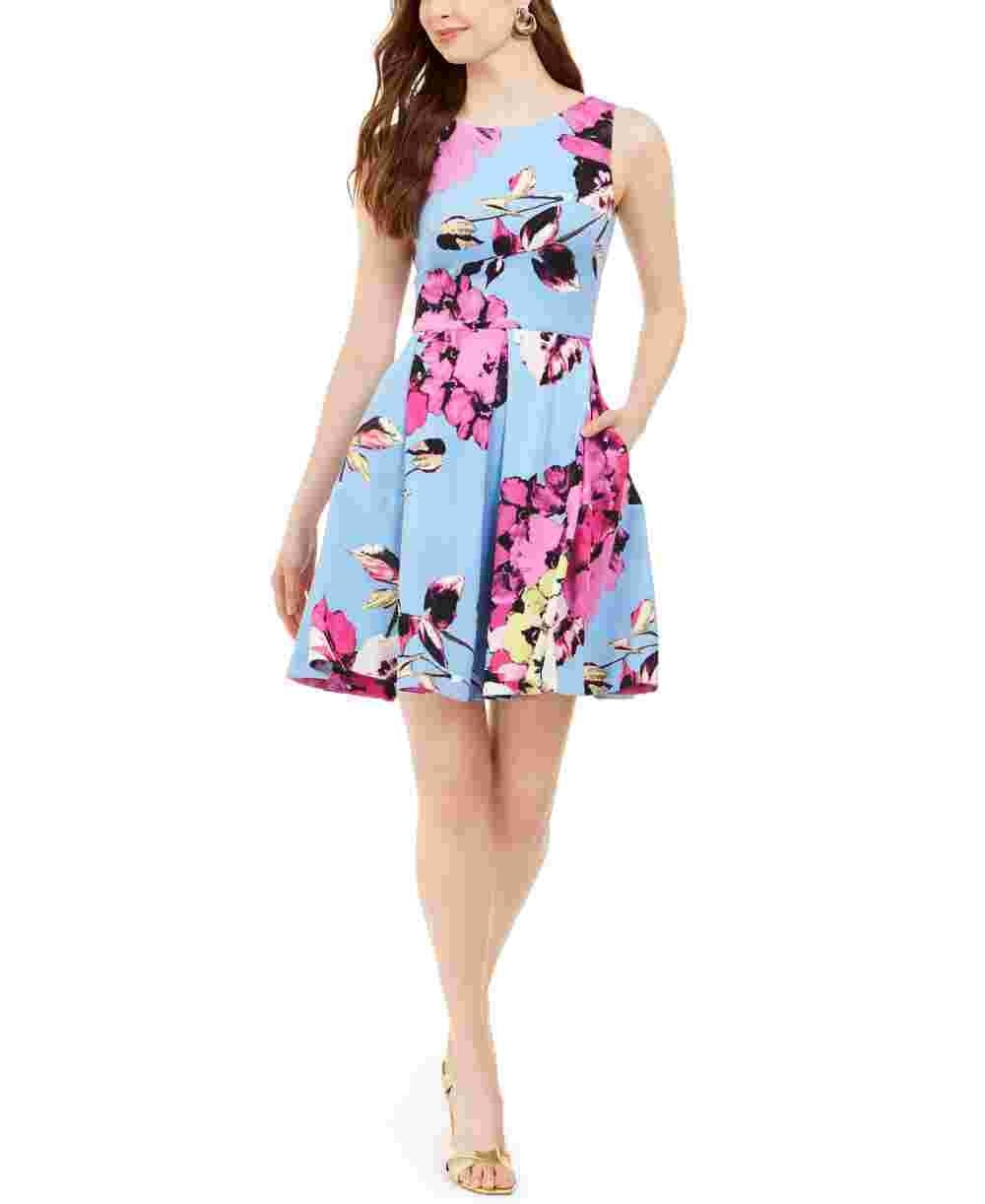 Vestido feminino Taylor Floral Scuba Fit &amp; Flare Azul Marinho Tamanho Médio Regular