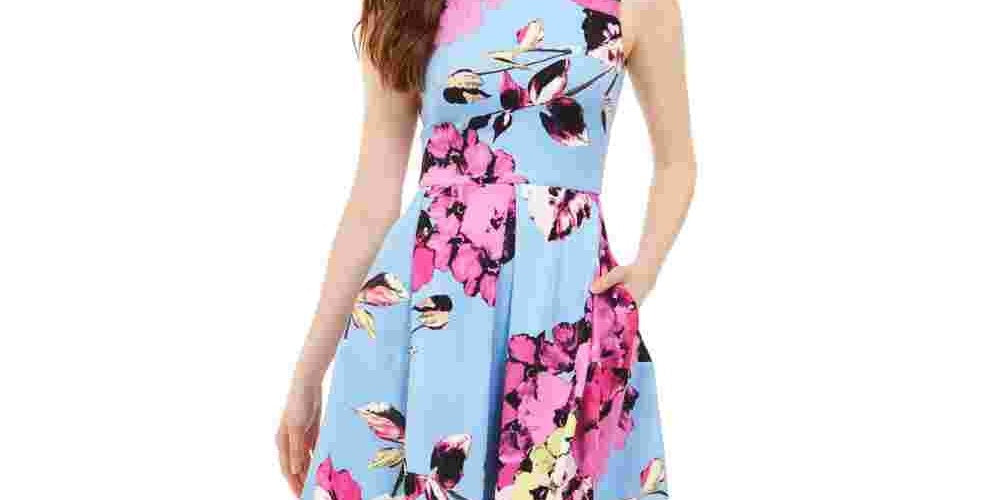 Vestido feminino Taylor Floral Scuba Fit &amp; Flare Azul Marinho Tamanho Médio Regular