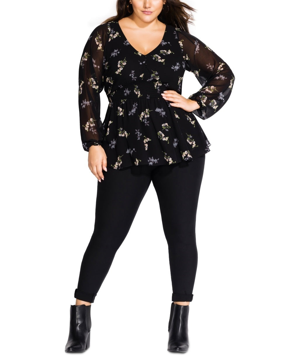 Top peplum feminino City Chic, moderno, plus size, estampa floral, preto, tamanho 24W