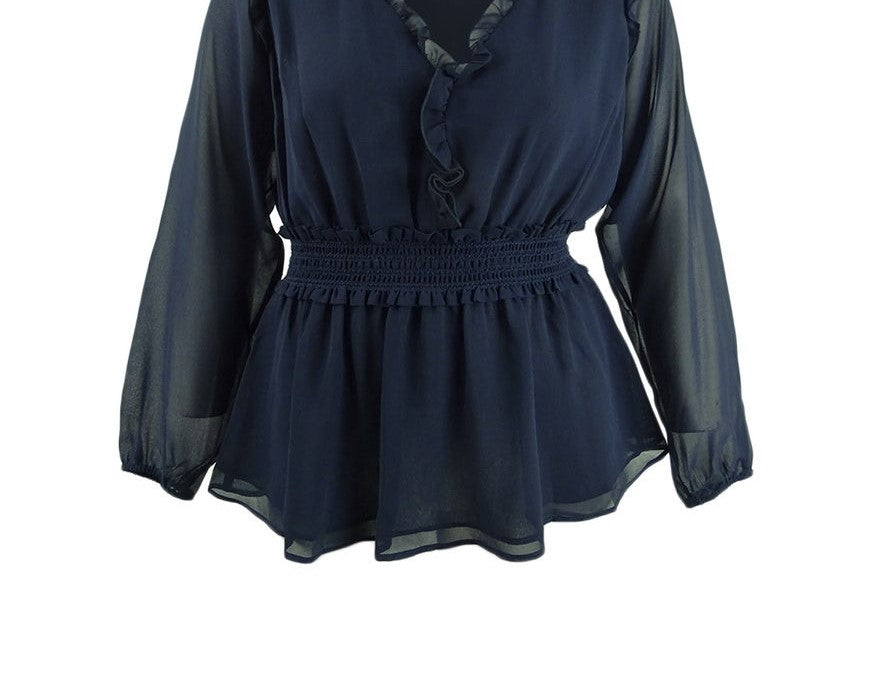Blusa feminina plus size City Chic com babados e bainha peplum, azul escuro, tamanho 24W