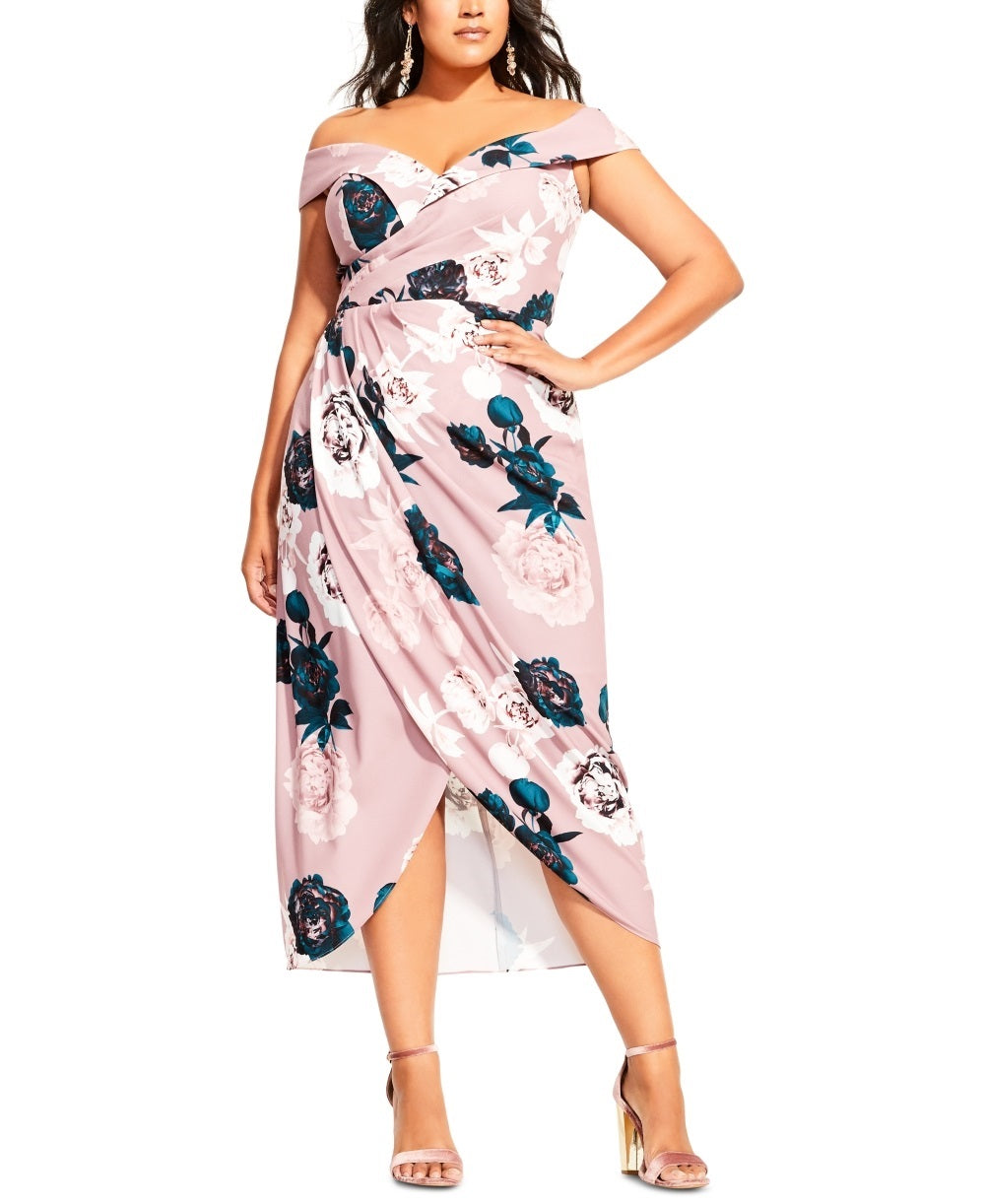 Vestido envelope falso City Chic feminino, pequeno e grande, ombro de fora, roxo, tamanho 16W