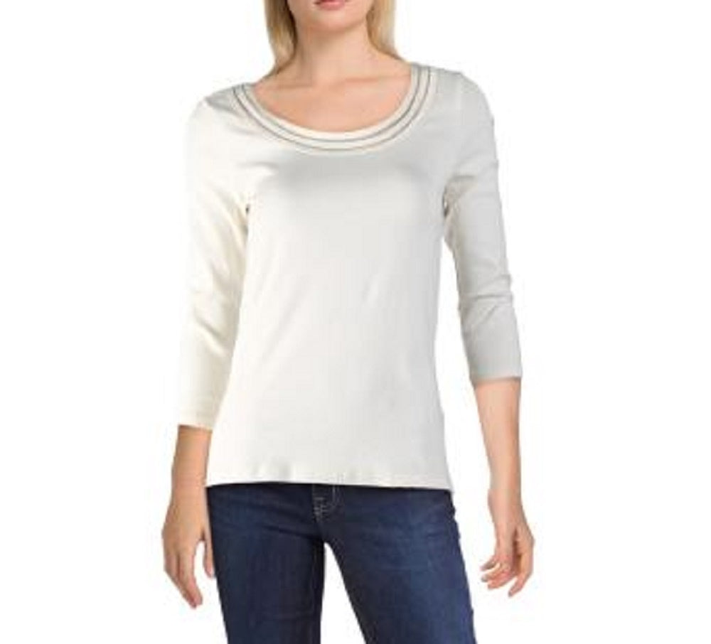 Ralph Lauren Blusa Feminina Manga 3/4 Renda Marfim Gola Redonda Tamanho Natural GG