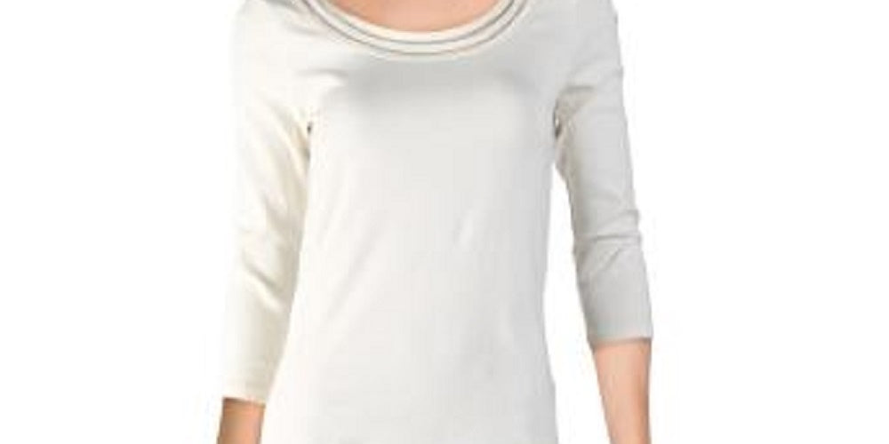 Ralph Lauren Blusa Feminina Manga 3/4 Renda Marfim Gola Redonda Tamanho Natural GG