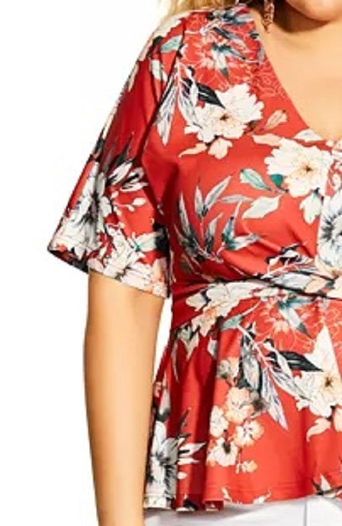 Top estampado plus size da City Chic feminino, laranja escuro, tamanho 22W, com frente torcida