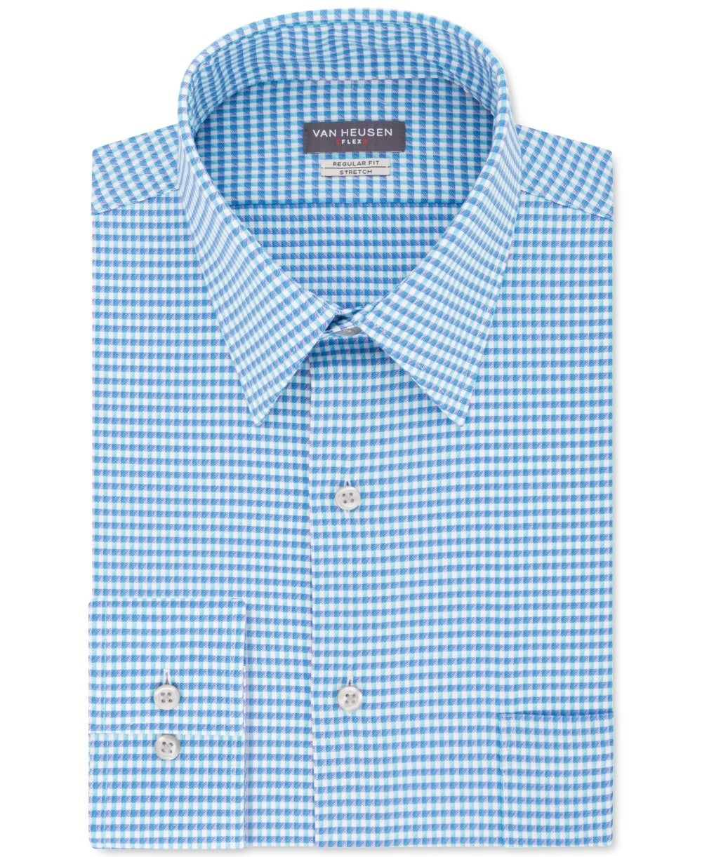Camisa social masculina Van Heusen Classic/Regular Fit Performance Stretch, sem vincos, com gola flexível e xadrez, azul, tamanho 15,5 x 34-35