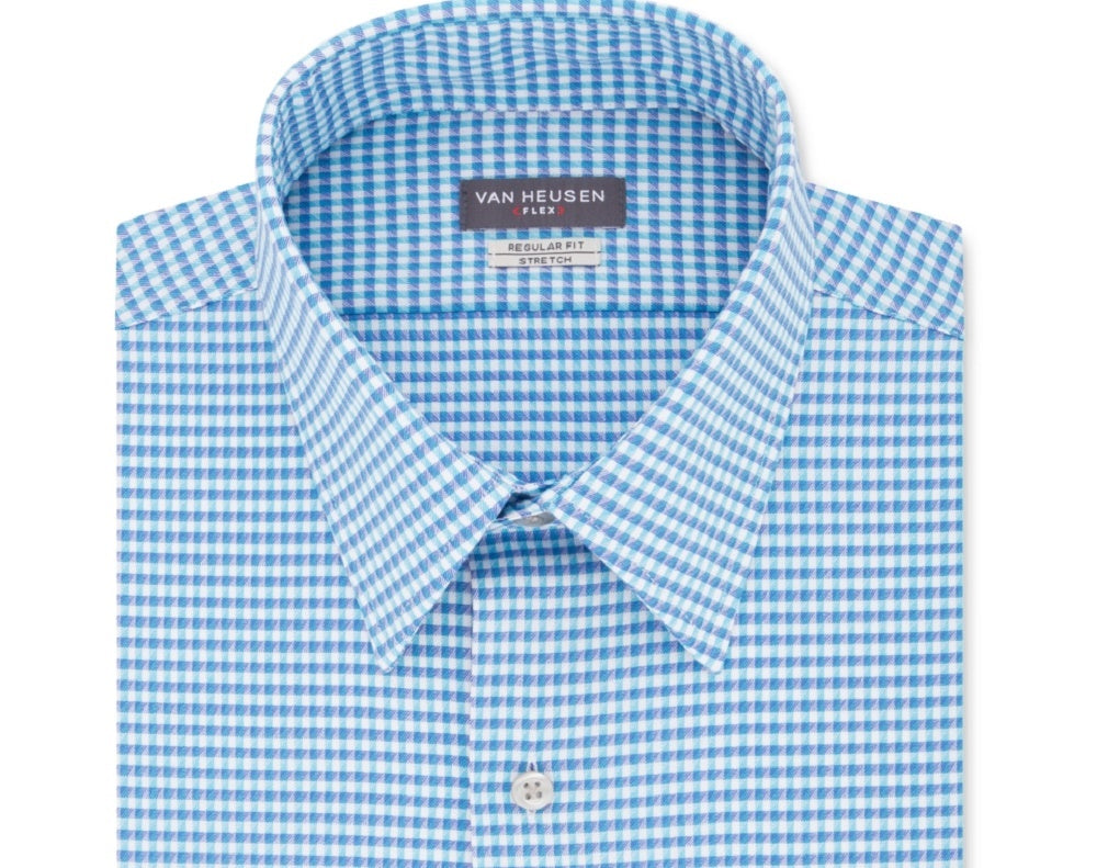 Camisa social masculina Van Heusen Classic/Regular Fit Performance Stretch, sem vincos, com gola flexível e xadrez, azul, tamanho 15,5 x 34-35