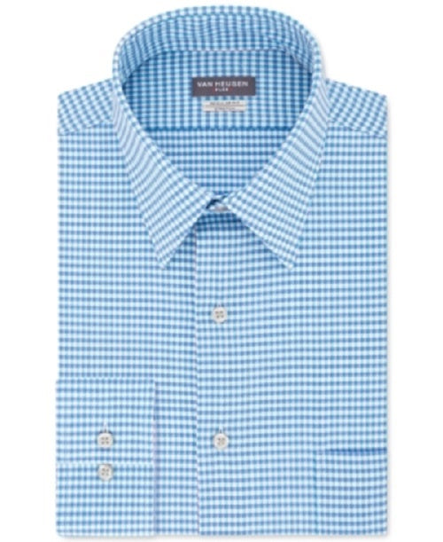Camisa social masculina Van Heusen Classic/Regular Fit Performance Stretch, sem vincos, com gola flexível e xadrez, azul, tamanho 16,5 x 34-35