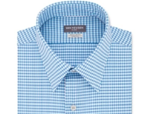 Camisa social masculina Van Heusen Classic/Regular Fit Performance Stretch, sem vincos, com gola flexível e xadrez, azul, tamanho 16,5 x 34-35