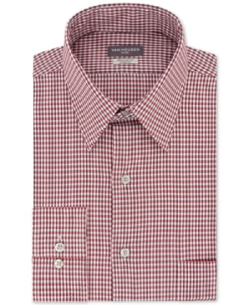 Camisa social masculina Van Heusen Classic/Regular Fit Performance Stretch, sem vincos, com gola flexível e xadrez, vermelha, tamanho 18,5 x 34-35