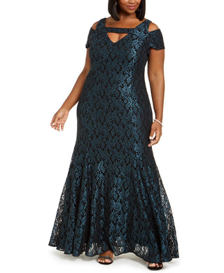 Nightway Women's Embroidered Glitter Cap Sleeve Keyhole Maxi Drop Waist Evening Dress Green Size 16W