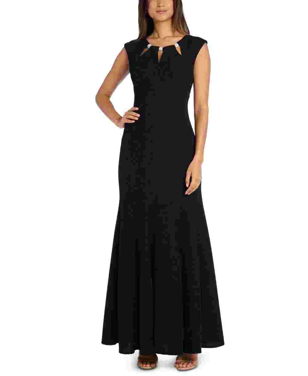R &amp; M Richards Feminino Preto Glitter Embelezado Zíper Manga Curta Keyhole Maxi Sereia Formal Preto Tamanho 10