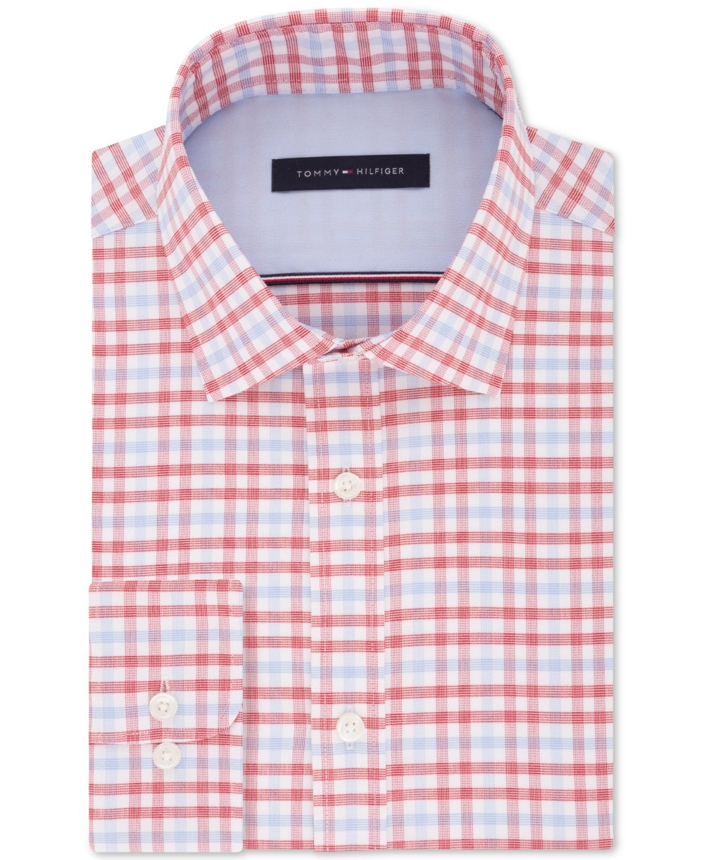 Camisa social masculina Tommy Hilfiger justa com elástico azul xadrez, tamanho 34-35