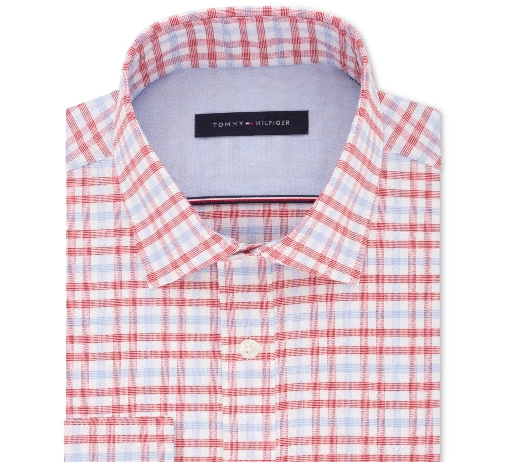 Camisa social masculina Tommy Hilfiger justa com elástico azul xadrez, tamanho 34-35