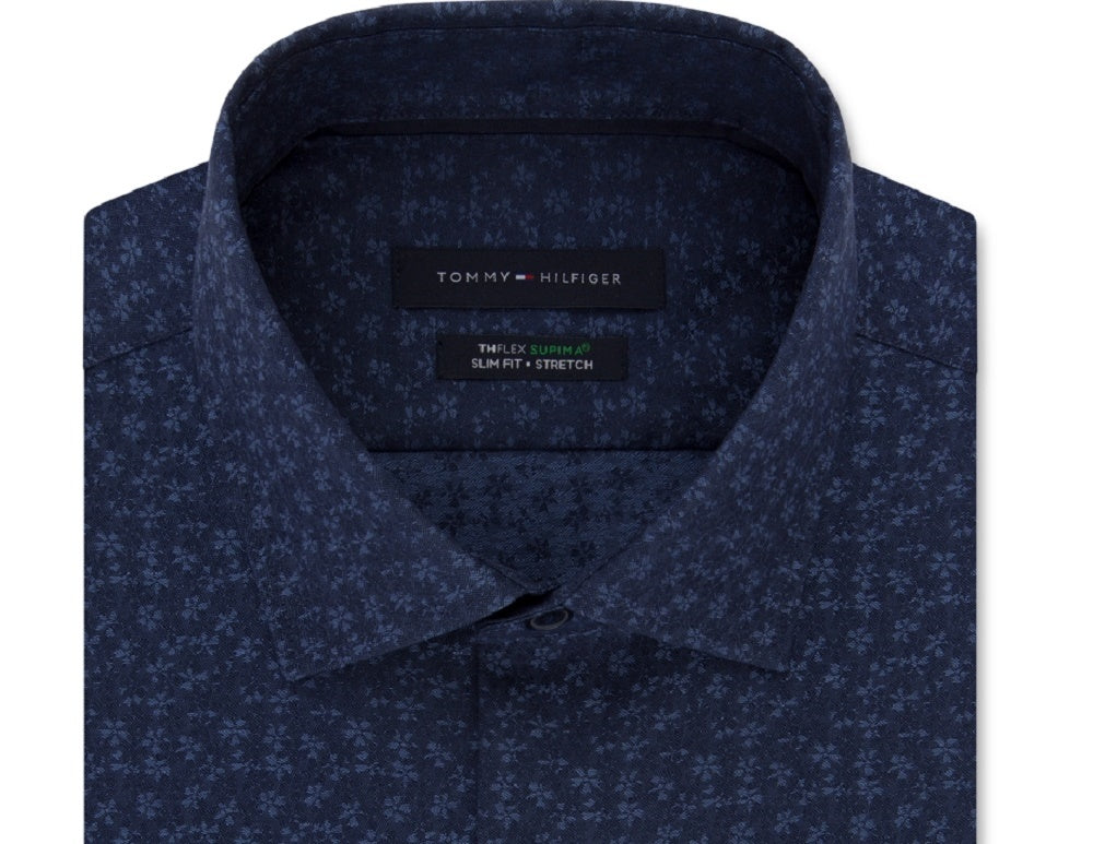 Camisa social masculina Tommy Hilfiger Slim-Fit Thflex Performance Stretch Floral-Print Supima Cotton, tamanho azul, 15,5 x 34-35