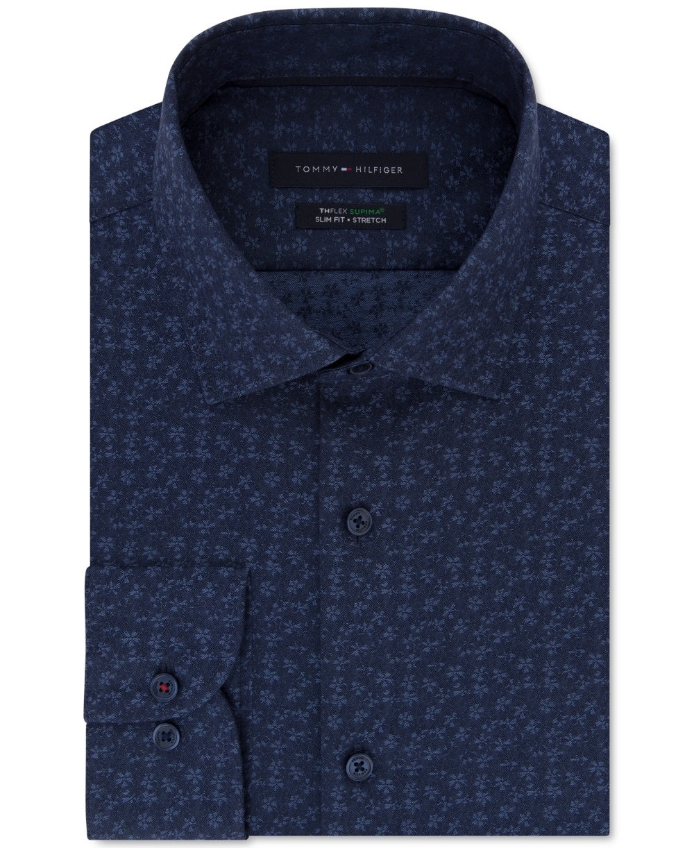 Camisa social masculina Tommy Hilfiger Slim Fit THFlex Performance Stretch Floral Print Supima Cotton, azul, tamanho 15,5 x 34-35