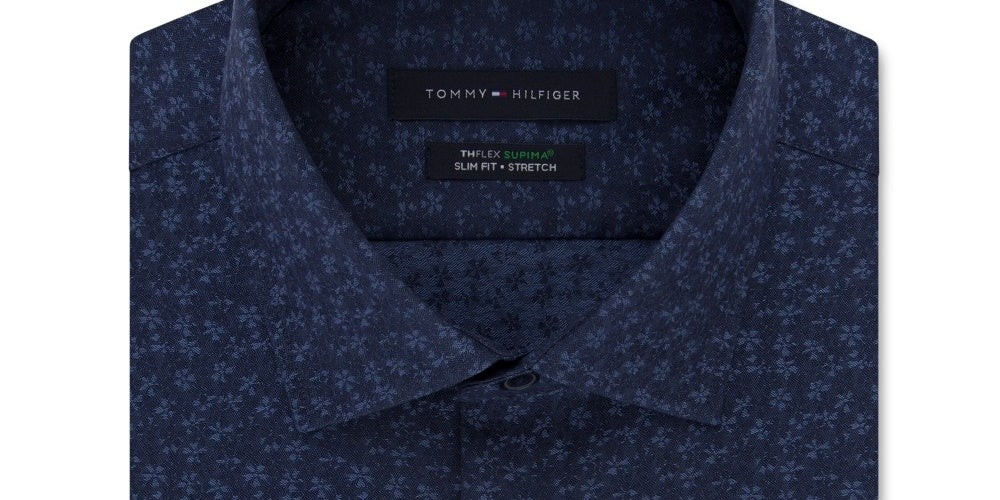 Camisa social masculina Tommy Hilfiger Slim Fit THFlex Performance Stretch Floral Print Supima Cotton, azul, tamanho 15,5 x 34-35