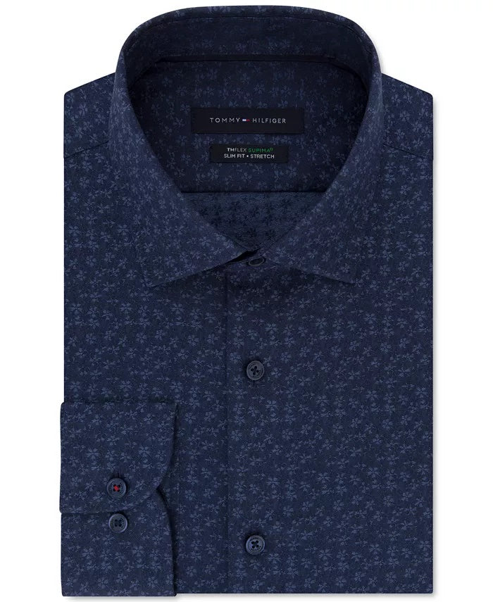 Camisa social masculina Tommy Hilfiger Slim Fit Thflex Performance Stretch Floral Print Supima Cotton, tamanho azul, 17,5 x 32 x 33