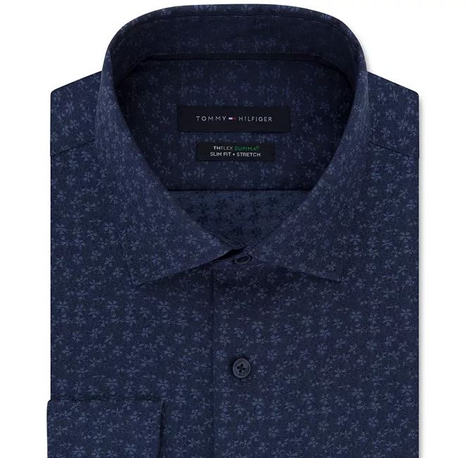 Camisa social masculina Tommy Hilfiger Slim Fit Thflex Performance Stretch Floral Print Supima Cotton, tamanho azul, 17,5 x 32 x 33
