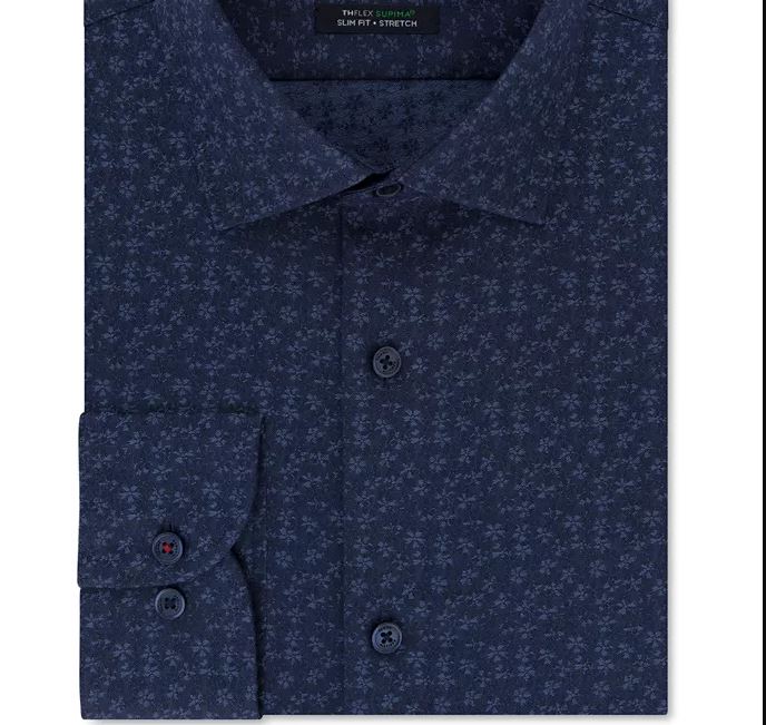 Camisa social masculina Tommy Hilfiger Slim Fit Thflex Performance Stretch Floral Print Supima Cotton, tamanho azul, 17,5 x 32 x 33