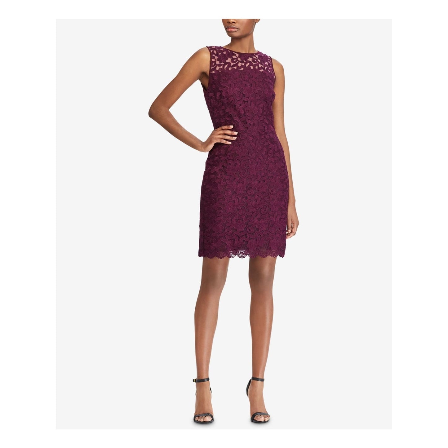 Vestido de festa feminino Ralph Lauren roxo com renda, zíper, manga curta, decote ilusão, abaixo do joelho, roxo, tamanho 12