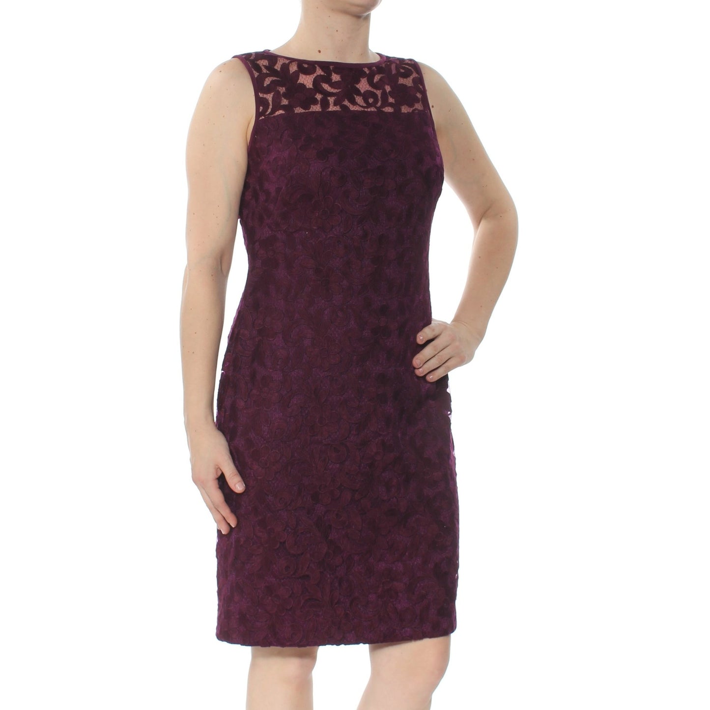 Vestido de festa feminino Ralph Lauren roxo com renda, zíper, manga curta, decote ilusão, abaixo do joelho, roxo, tamanho 12