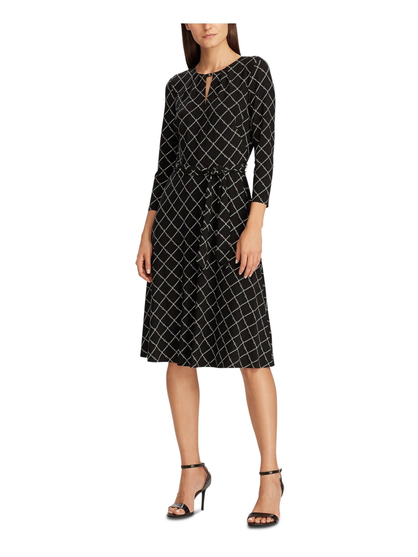 Vestido Ralph Lauren Feminino Preto com Zíper Geométrico e Manga 3/4, Decote Abaixo do Joelho, Bainha para Usar no Trabalho, Preto, Tamanho 6