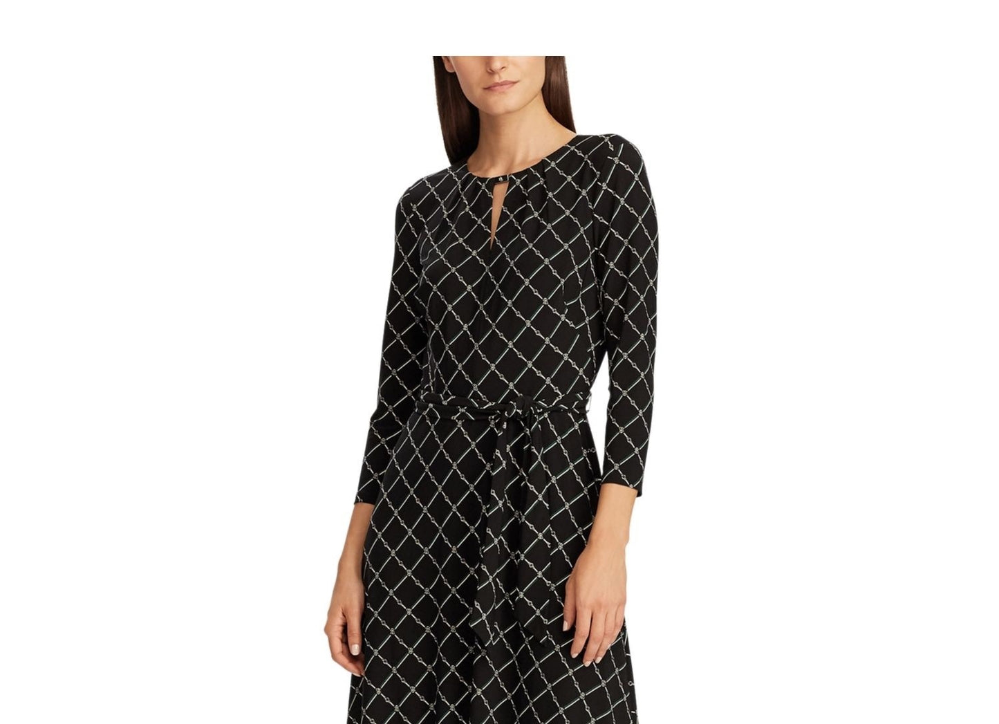 Vestido Ralph Lauren Feminino Preto com Zíper Geométrico e Manga 3/4, Decote Abaixo do Joelho, Bainha para Usar no Trabalho, Preto, Tamanho 6